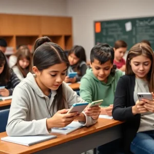 Students in a classroom without cellphones