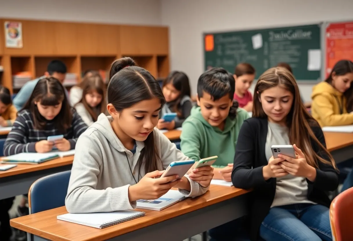 Students in a classroom without cellphones