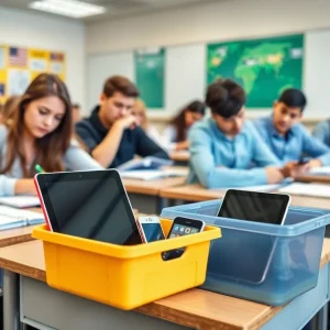Classroom with confiscated electronic devices