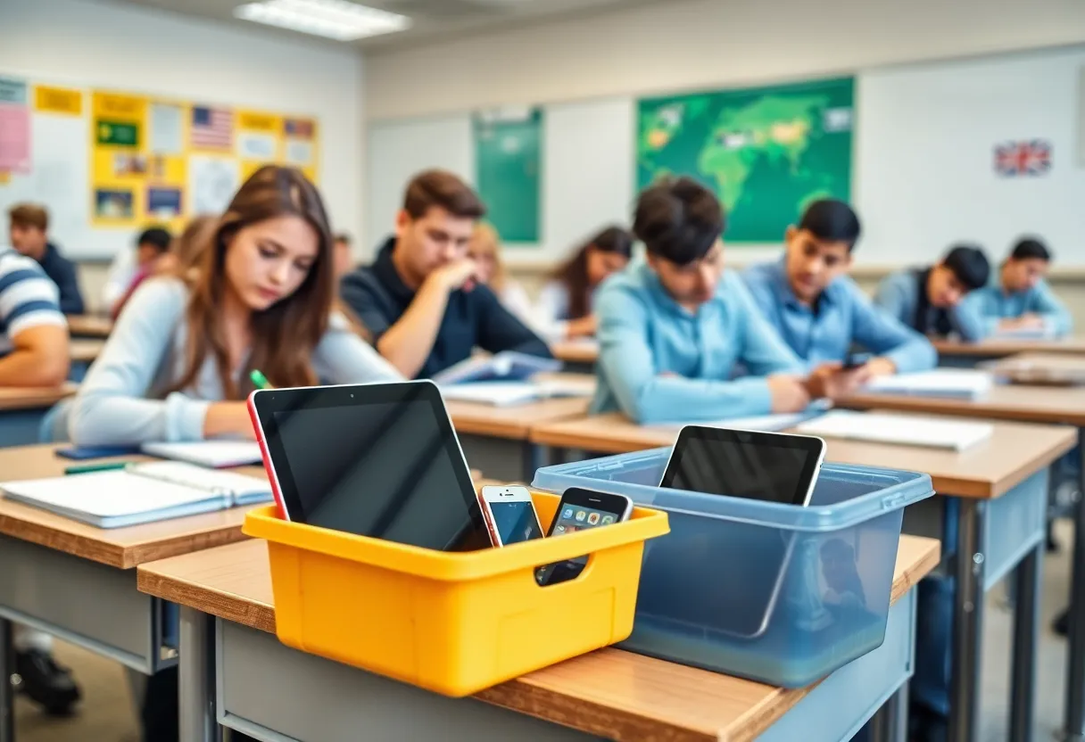 Classroom with confiscated electronic devices