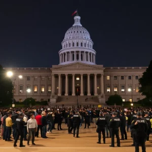 Crowd gathered outside the Texas State Capitol during an evacuation.