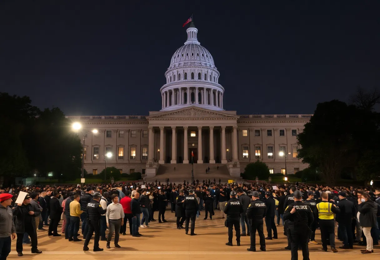 Crowd gathered outside the Texas State Capitol during an evacuation.
