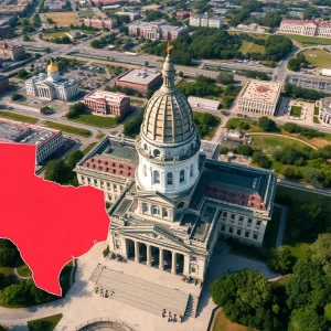 Aerial view of the Texas State Capitol with redistricting map overlay