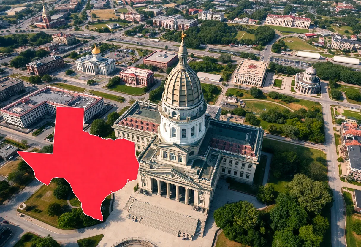 Aerial view of the Texas State Capitol with redistricting map overlay