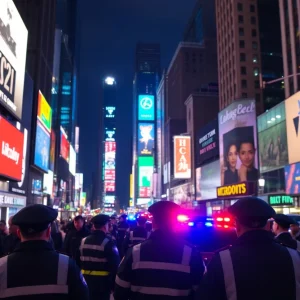Police cars with lights on in Times Square at night