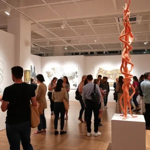 Visitors interacting with tactile art installations at the Touch the Art event.