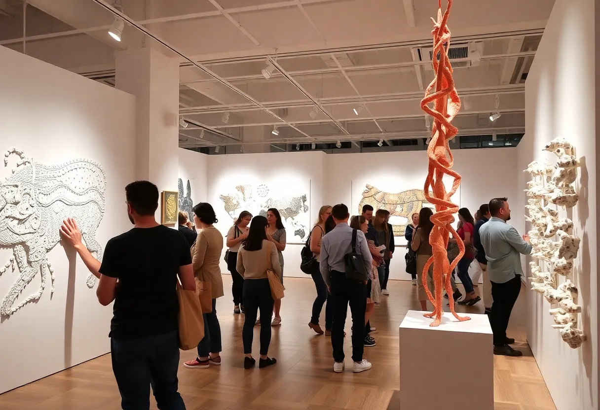 Visitors interacting with tactile art installations at the Touch the Art event.