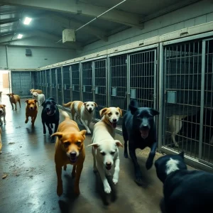 Dogs running freely in an animal shelter with open kennels.