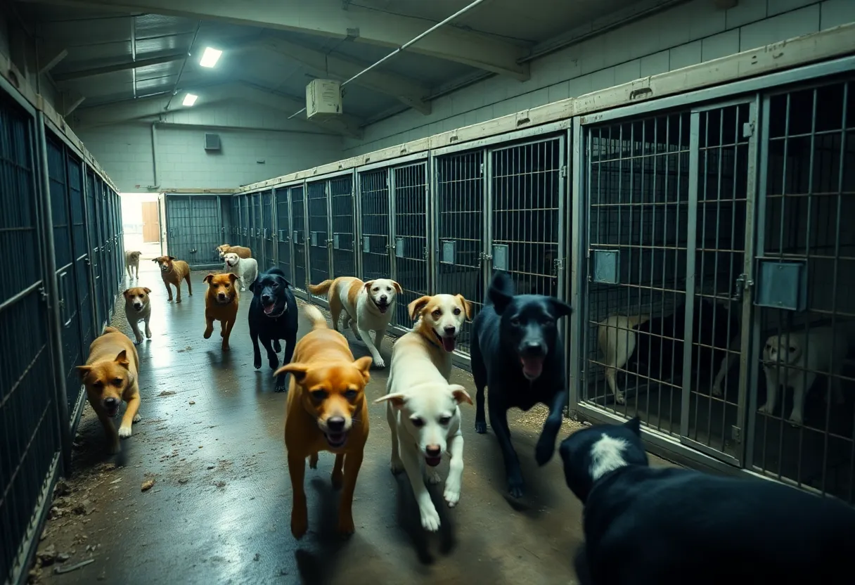 Dogs running freely in an animal shelter with open kennels.