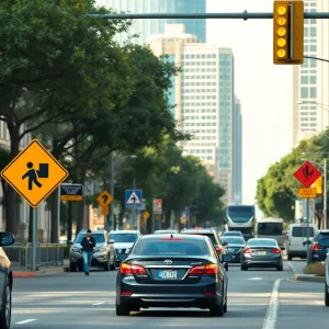 Traffic scene in Austin focusing on road safety