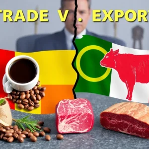 Illustration of trade tensions and tariffs affecting Brazilian goods