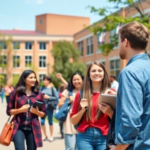 View of the University of Texas at Austin campus with students engaged in conversation.