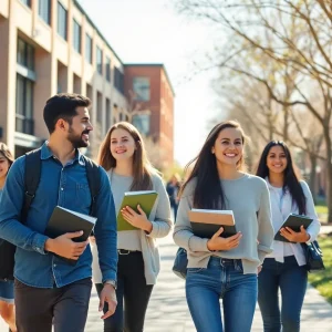 Diverse students discussing financial challenges on university campus