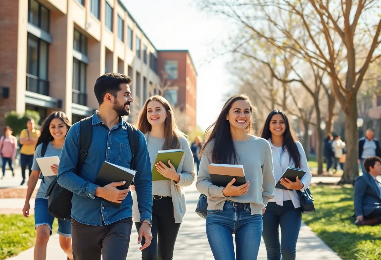 Diverse students discussing financial challenges on university campus