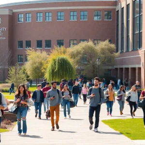 Students on the campus of UT Austin engaged in various activities.