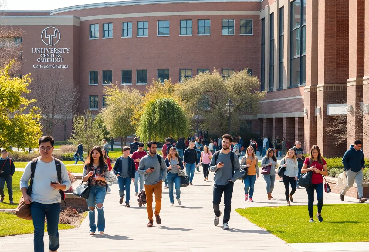 Students on the campus of UT Austin engaged in various activities.