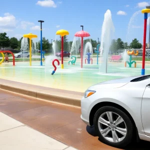 A splash pad with a car parked in the background, highlighting a quirky incident.