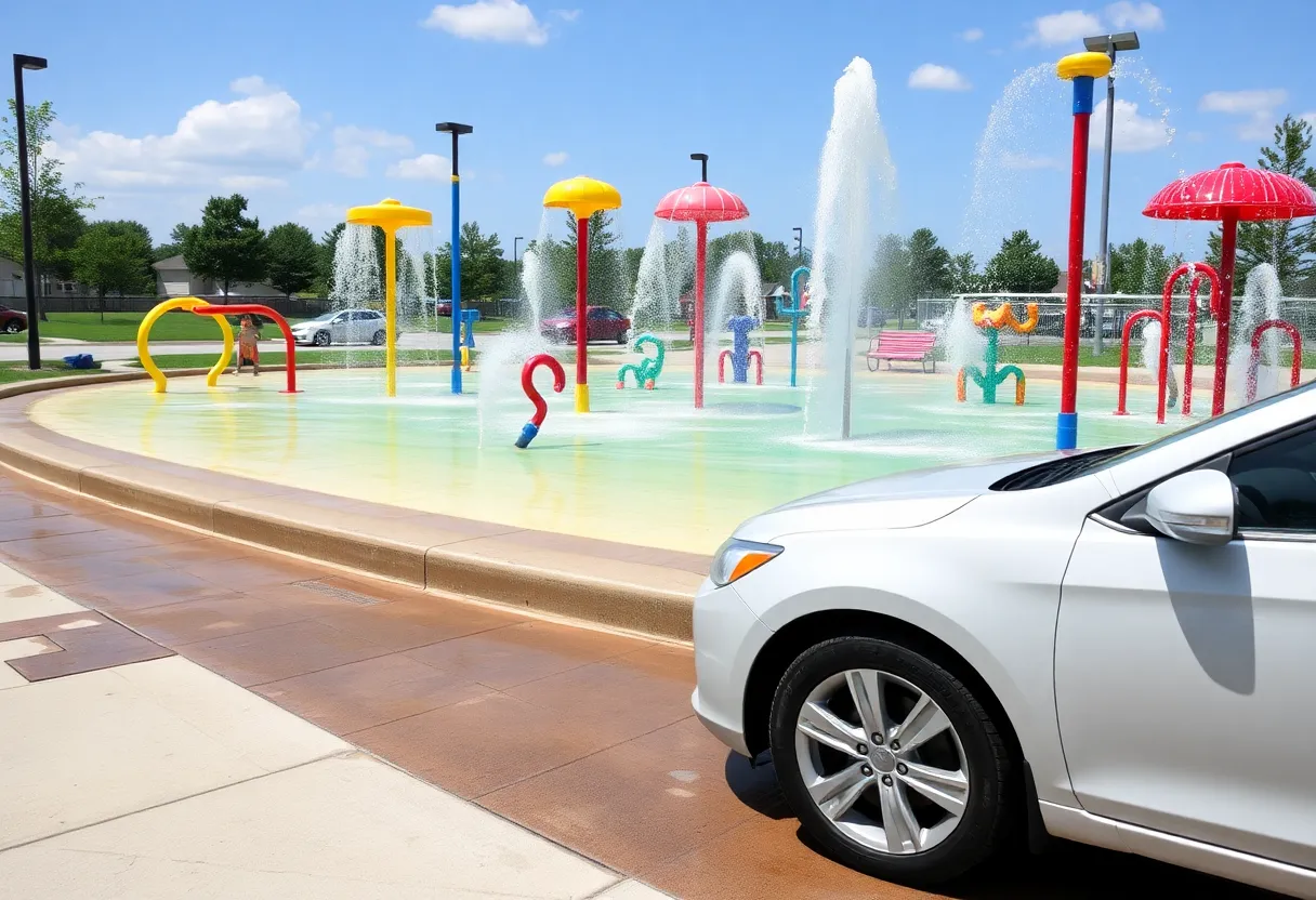 A splash pad with a car parked in the background, highlighting a quirky incident.