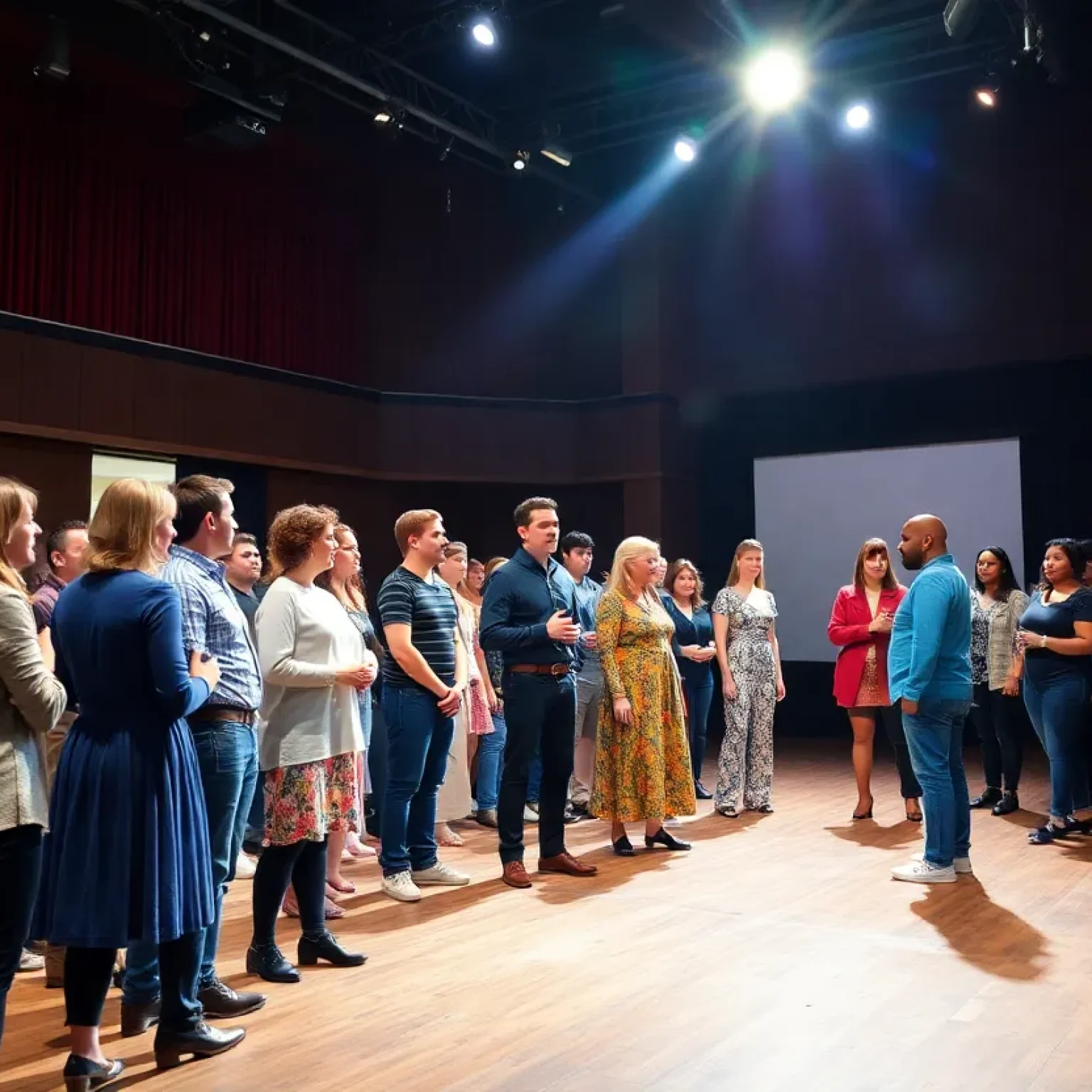 Actors rehearsing at Zach Theatre under bright stage lights