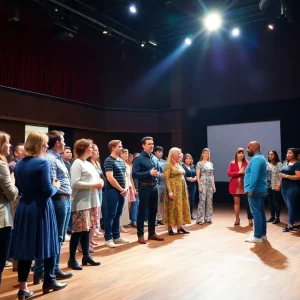 Actors rehearsing at Zach Theatre under bright stage lights