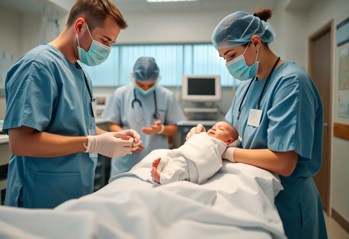 Hospital scene with medical professionals attending to a newborn baby