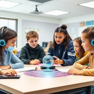 Students using AI technology in an innovative classroom setting.