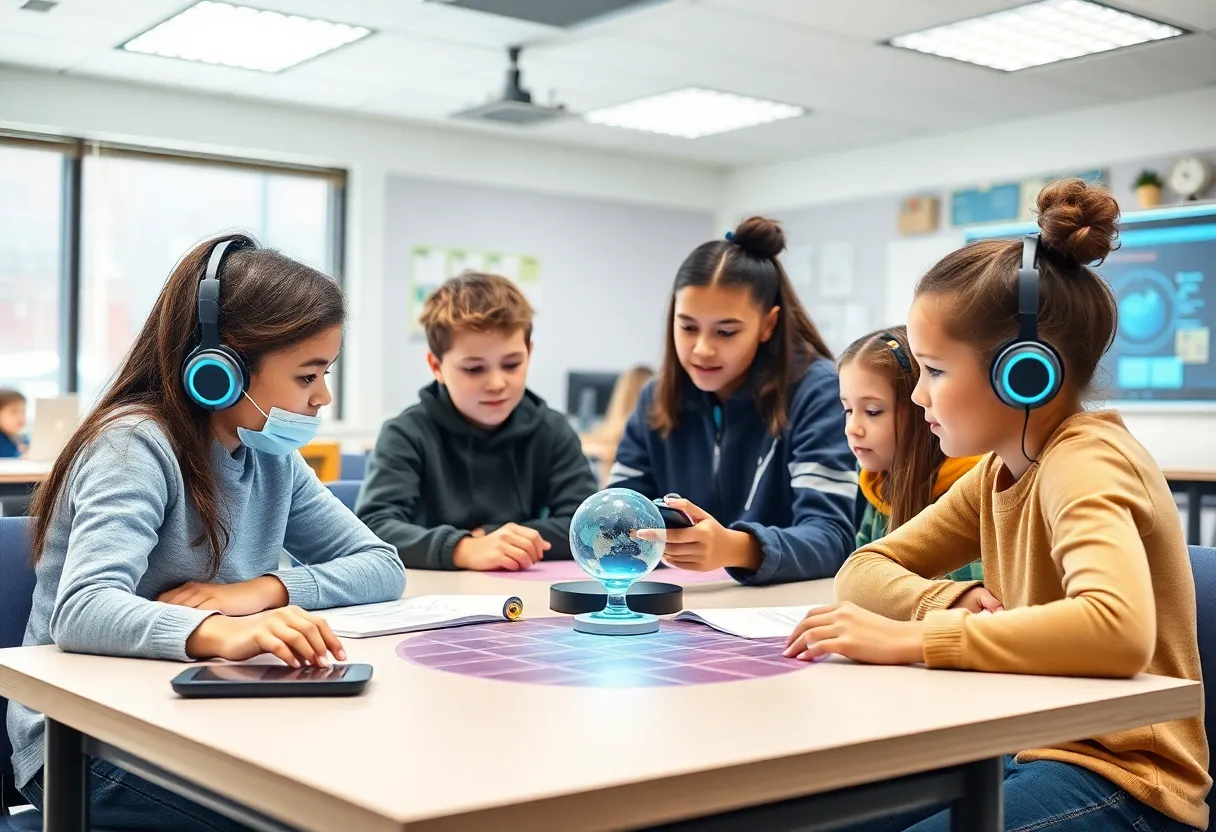 Students using AI technology in an innovative classroom setting.