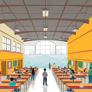 Illustration of school buildings representing AISD's consolidation efforts.