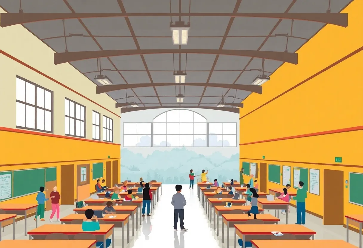 Illustration of school buildings representing AISD's consolidation efforts.