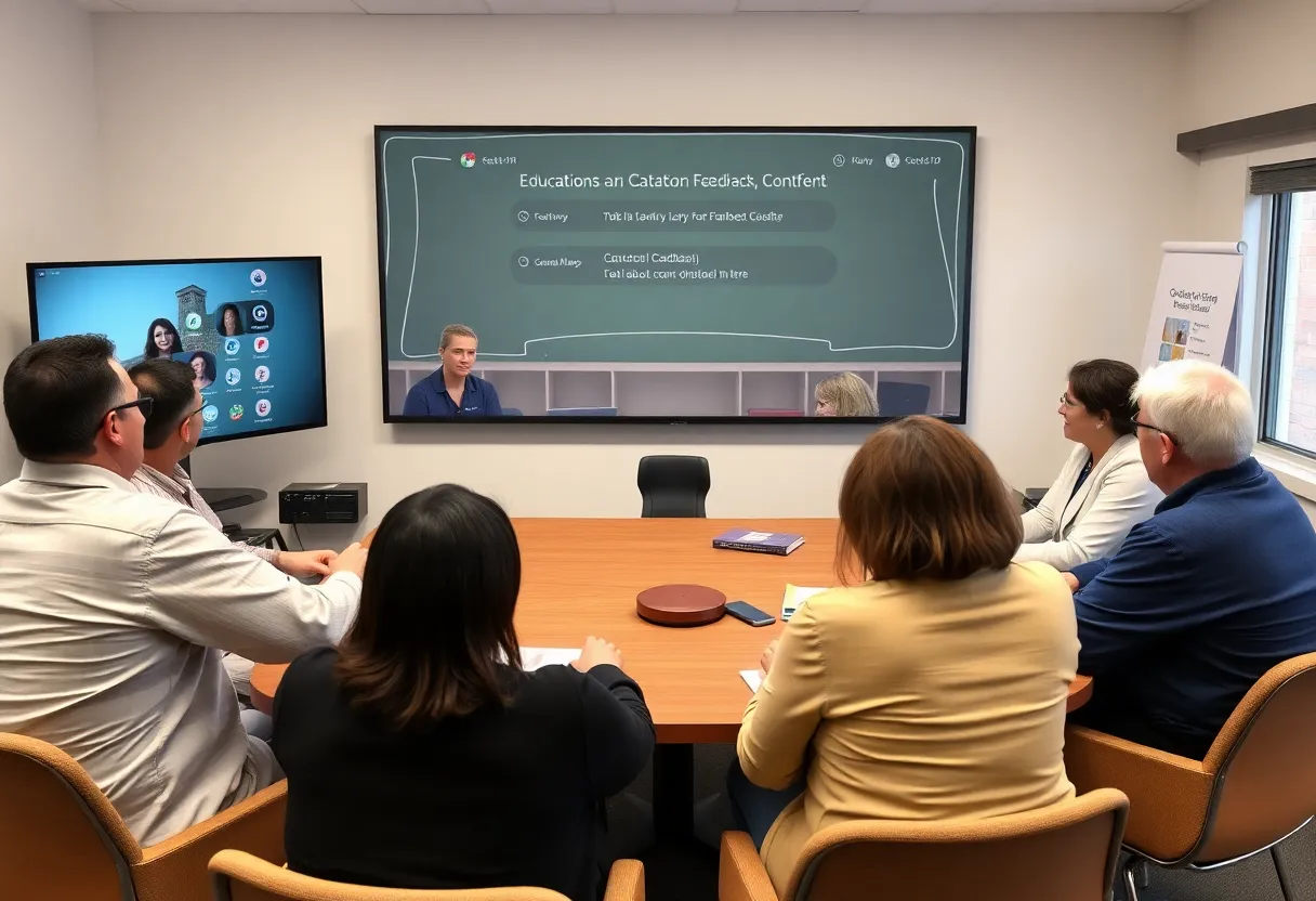 Participants engaged in a virtual meeting discussing school closures.