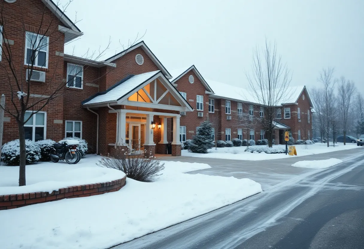 Assisted living facility during winter storm with icy conditions.