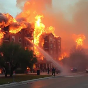 Firefighters responding to a three-alarm fire at an apartment complex in Austin.