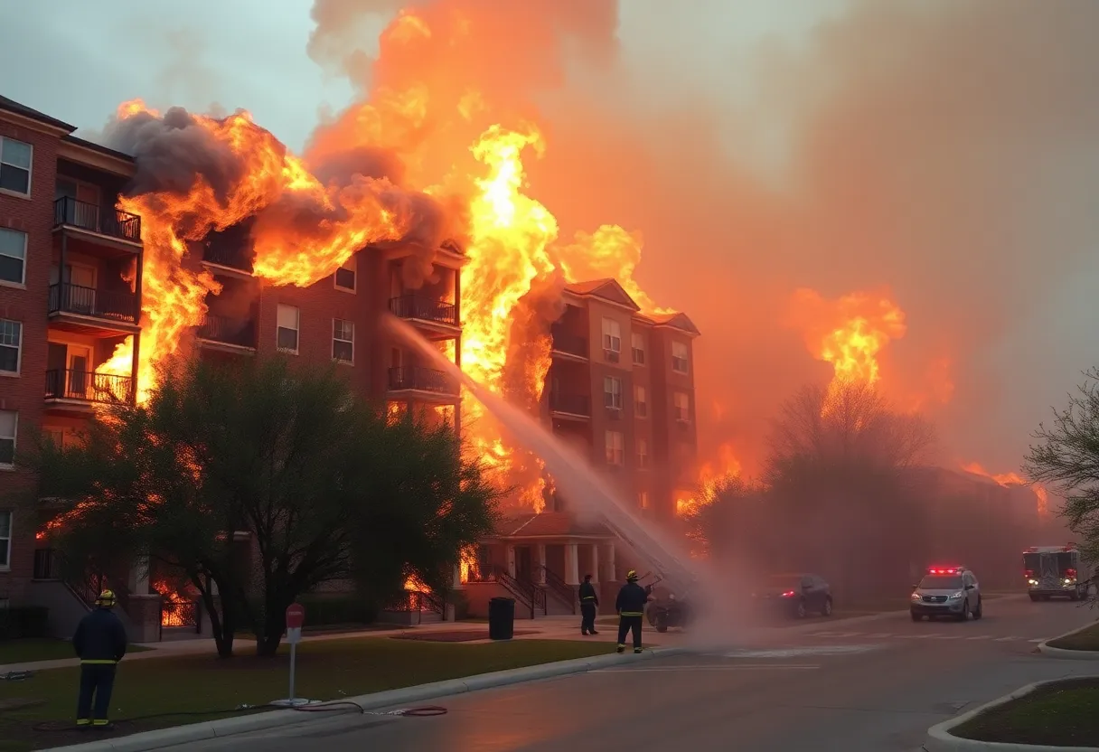 Firefighters responding to a three-alarm fire at an apartment complex in Austin.