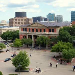 Cityscape of Austin, Texas, depicting city hall and lively public areas.