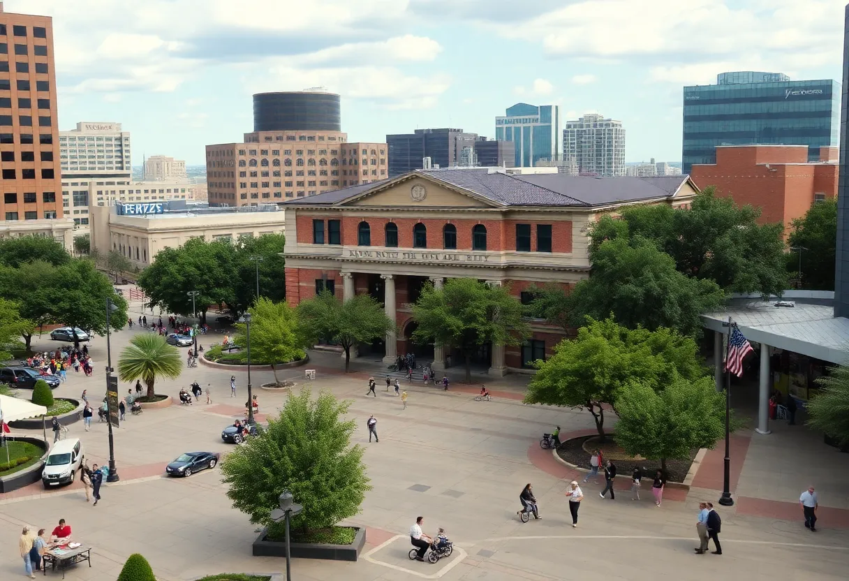 Cityscape of Austin, Texas, depicting city hall and lively public areas.