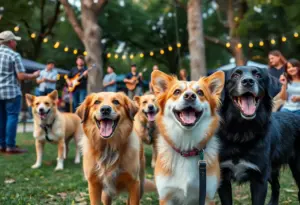 Dogs enjoying a park in Austin, Texas with live music.