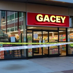 Police presence at a grocery store with signs of burglary.