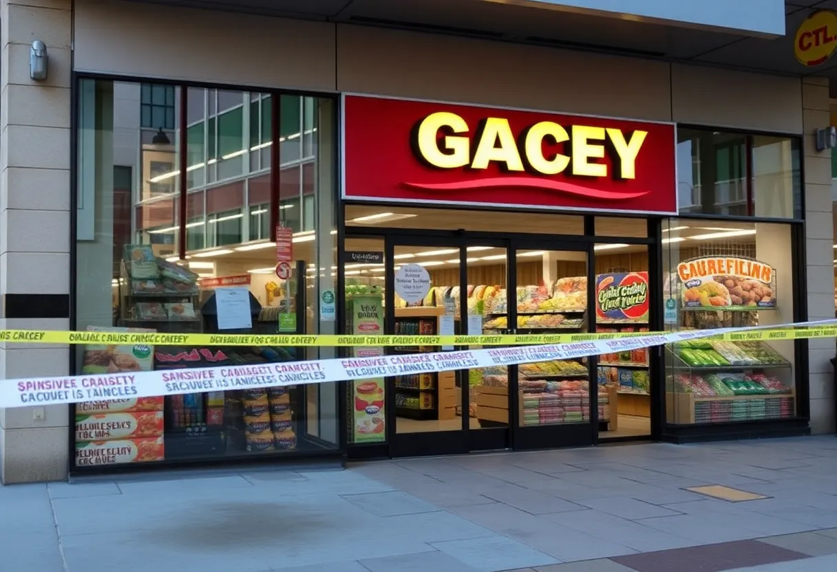 Police presence at a grocery store with signs of burglary.