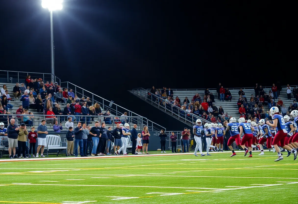 Austin High School football players in a game under the lights