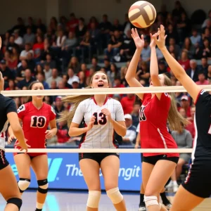 Austin High School volleyball players in a competitive match