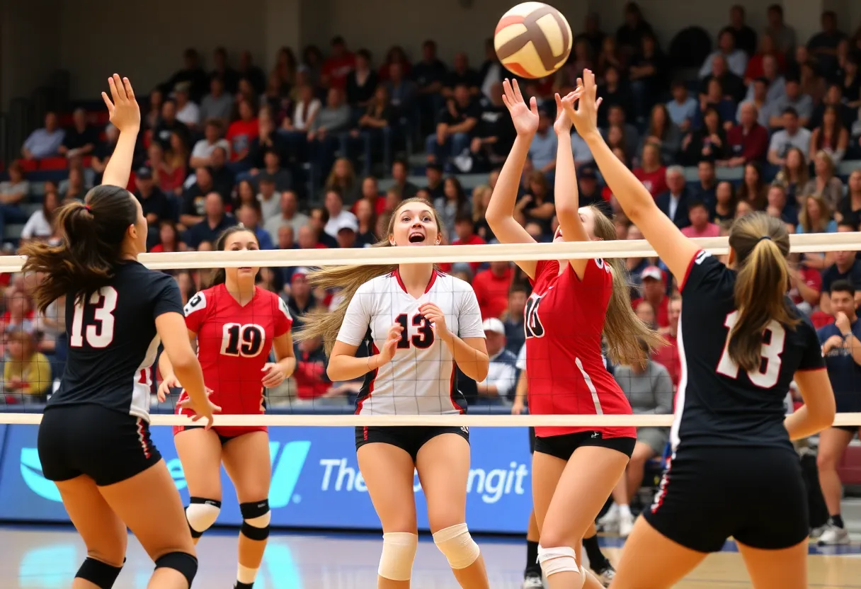 Austin High School volleyball players in a competitive match