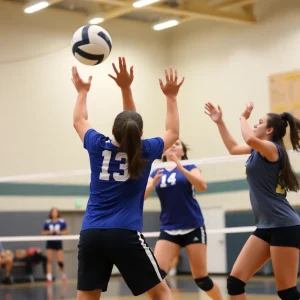 High school volleyball players in action during a match