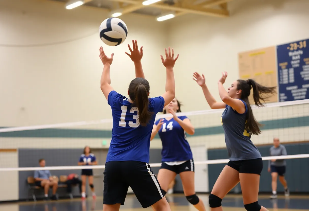 High school volleyball players in action during a match