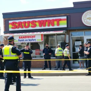 Police officers responding to an incident outside ThunderCloud Subs in Austin