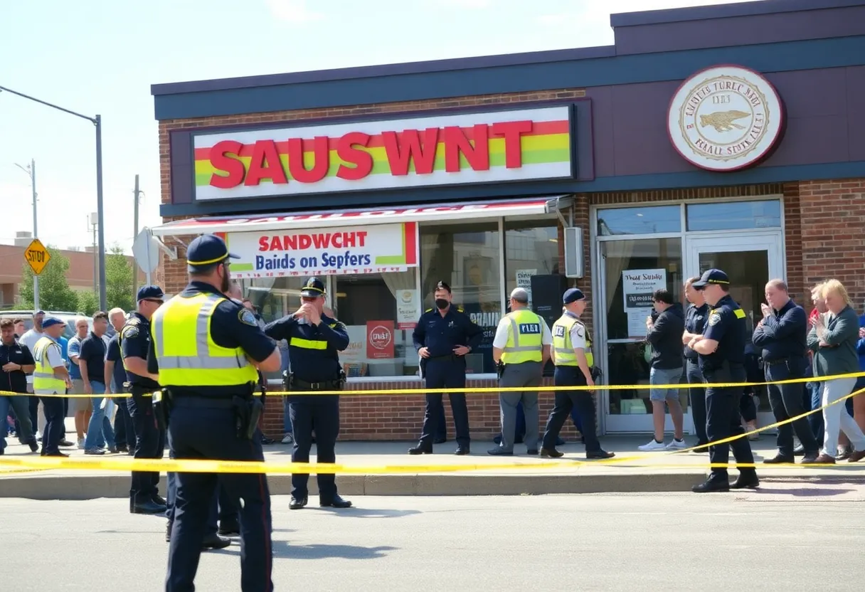 Police officers responding to an incident outside ThunderCloud Subs in Austin