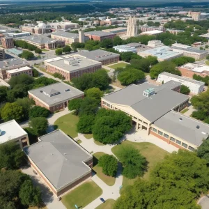 Aerial view of Austin school campus with playground