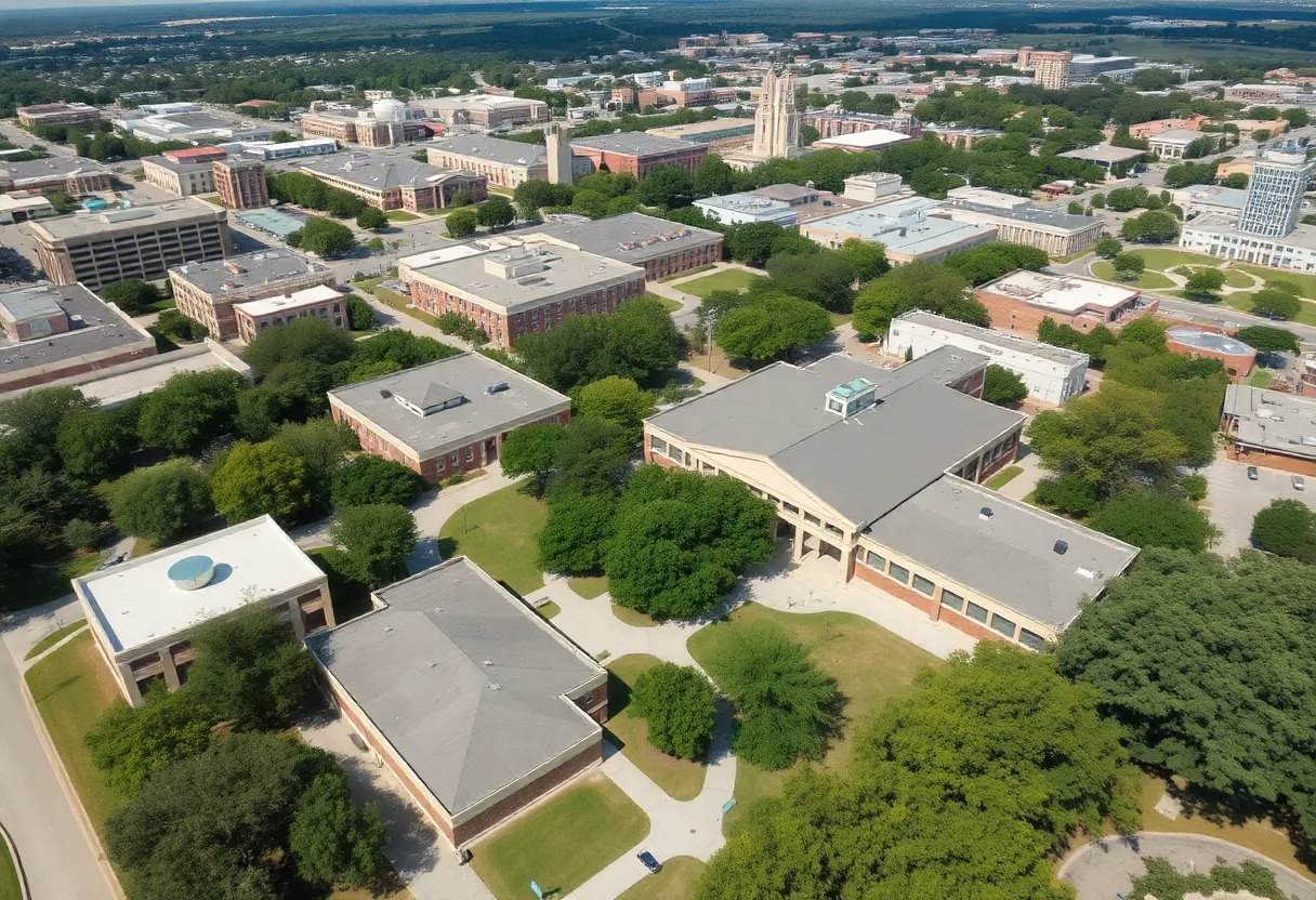 Aerial view of Austin school campus with playground