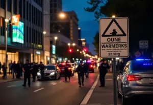 Austin street with police presence and warning signs about illegal events.