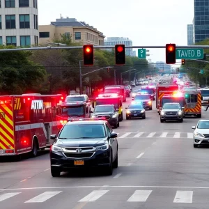 Emergency vehicles responding to a traffic accident in Austin