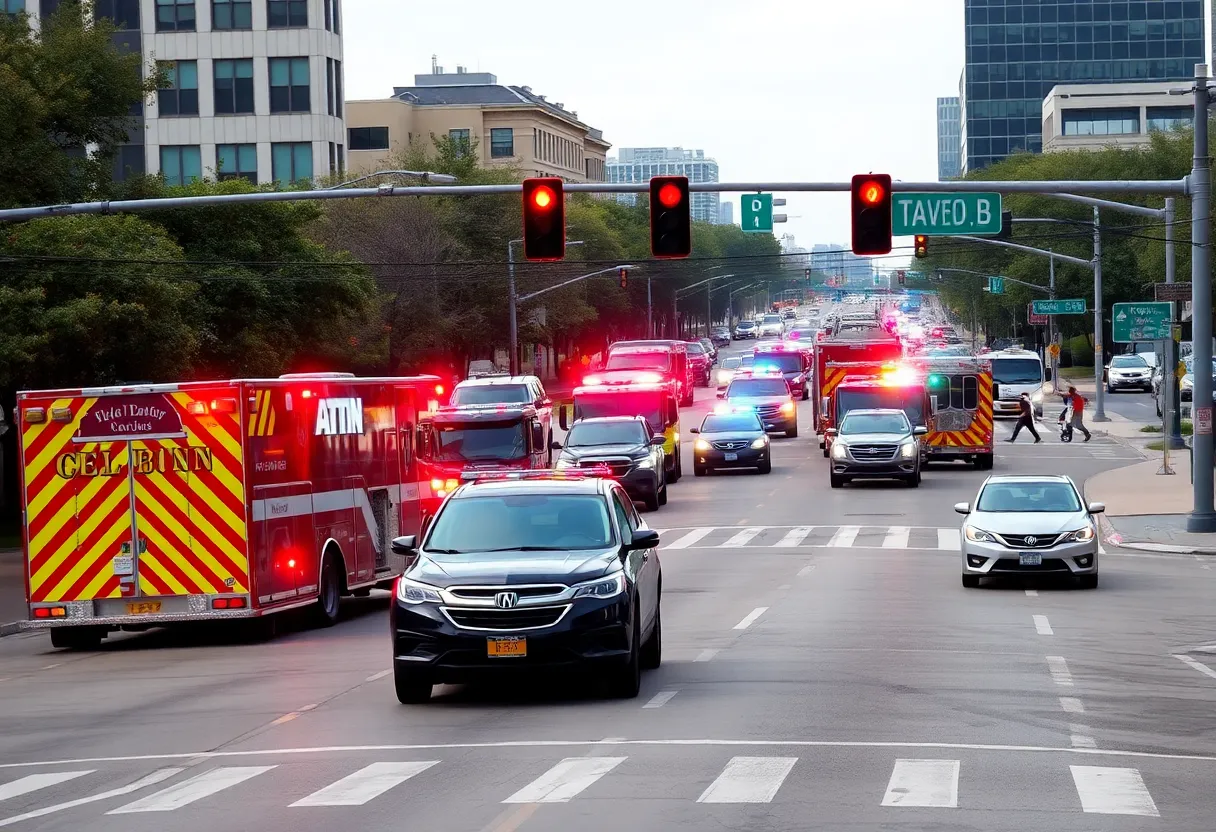 Emergency vehicles responding to a traffic accident in Austin